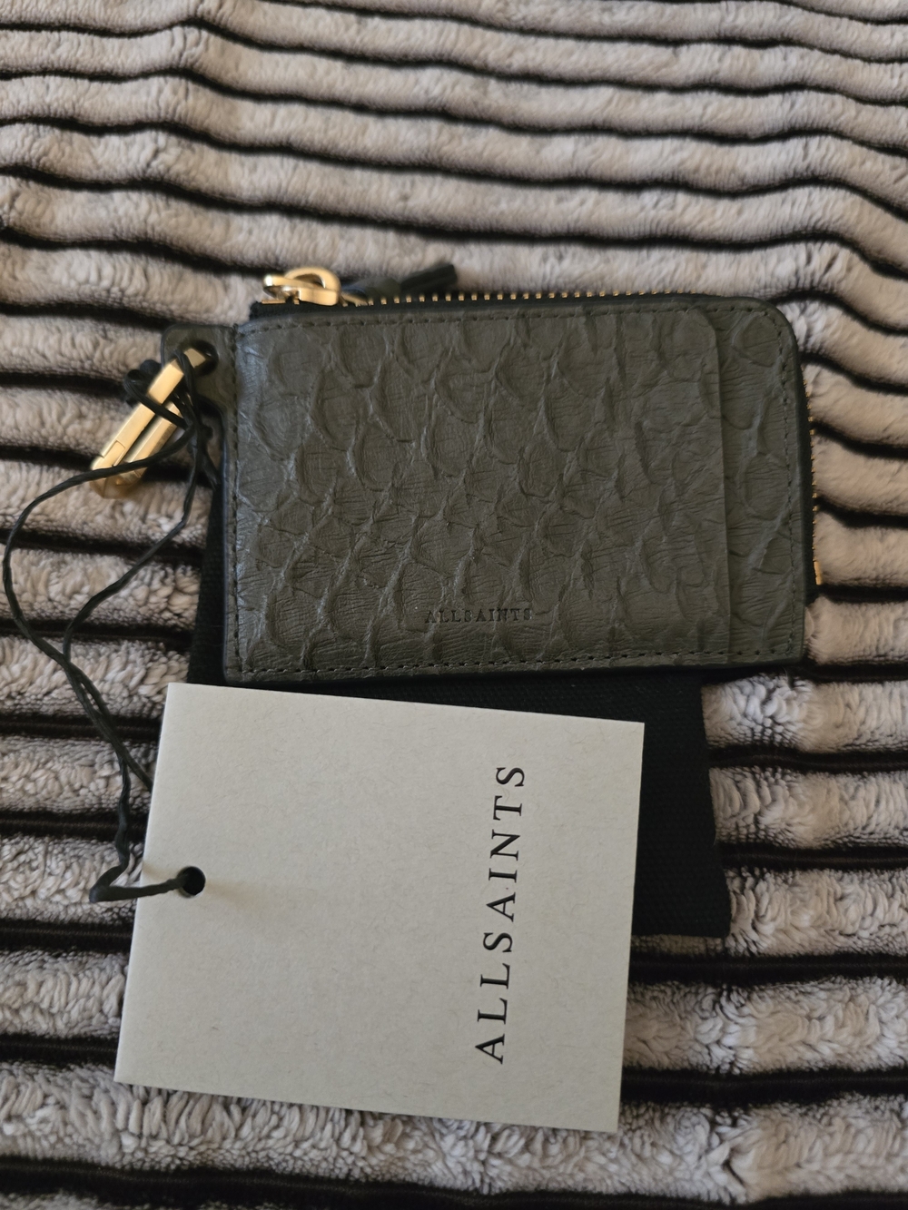 All Saints Olive Green Textured Leather Remy Zip Card Holder With Tag